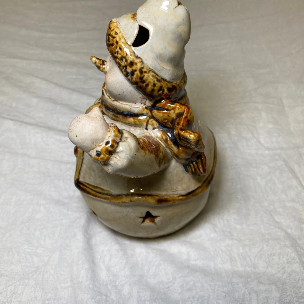 Ceramic Snowman Tealight Candle Holder Christmas Star Moon Cutouts 7 Inch
